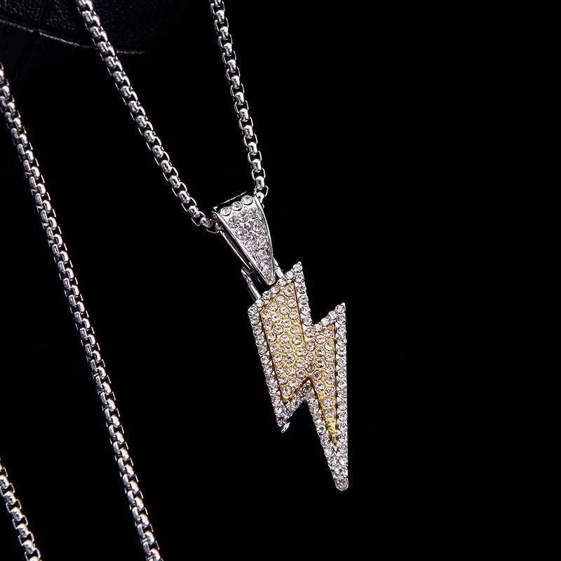 Fashion Men Jewelry Sets 【Necklace + Bracelet】 Pendant With Diamonds Fashionable And Personalized Lightning Ins Necklace + New 8-Character Buckle Alloy Bracelet Retro Personalized Auspicious Bracelet