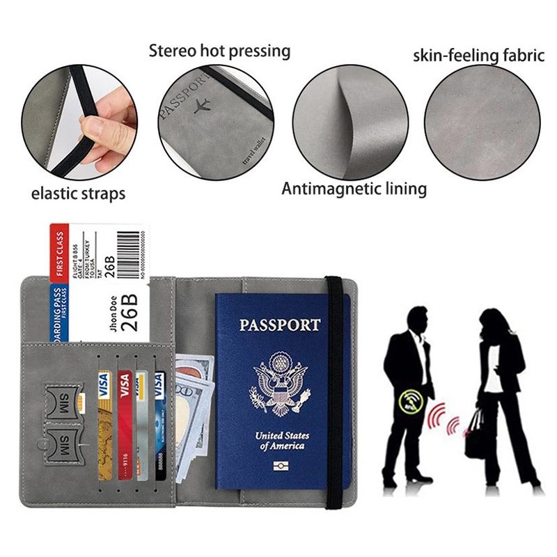 Passport Holder Pu Leather Strap Travel Anti-Magnetic Theft Rfid Ticket Holder Document Bag Passport Cover Protective Book Multifunctional Document Bag, Portable Travel Ultra-Thin Passport Holder