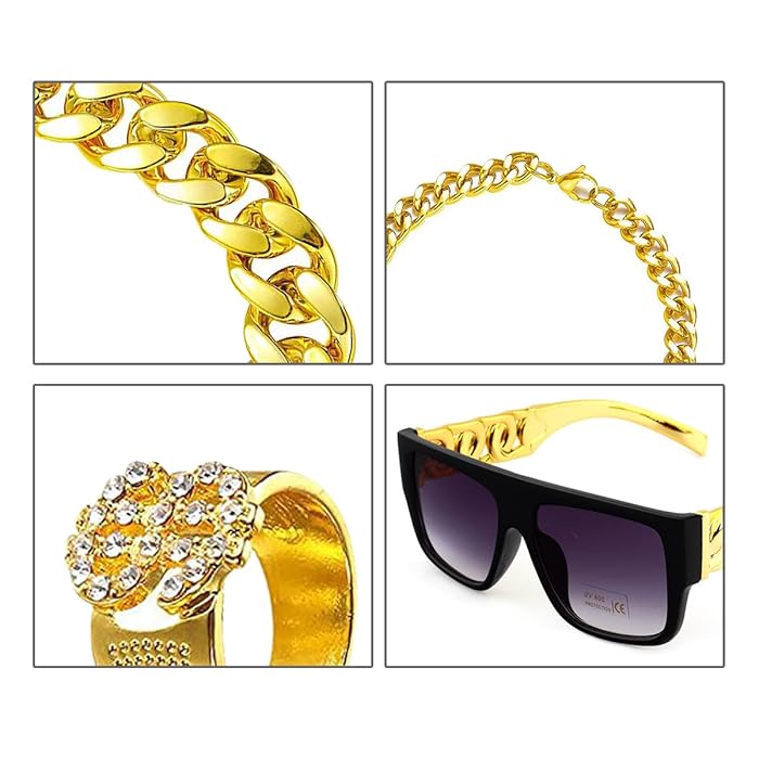 Fashion Men Jewelry Sets 【4-Piece Set】Hip-Hop Exaggerated Punk Dollar Gold Alloy Necklace Chain Glasses Ring Bracelet Set Necklace + Bracelet + Ring + Glasses Jewelry Set
