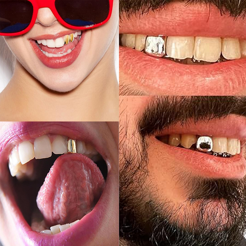 2 Pieces of （ Gold + Silver ) Single Tooth Couple Party Braces Popular Hip-Hop Hot Unisex Selling Popular Dental Braces Fashion Cool  Gold-Plated Teeth + Silver Braces