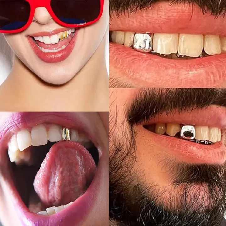 2 Pieces of （ Gold + Silver ) Single Tooth Couple Party Braces Popular Hip-Hop Hot Unisex Selling Popular Dental Braces Fashion Cool  Gold-Plated Teeth + Silver Braces