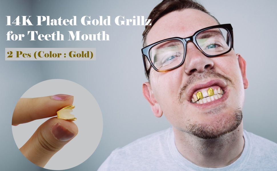 2 Pieces of （ Gold + Silver ) Single Tooth Couple Party Braces Popular Hip-Hop Hot Unisex Selling Popular Dental Braces Fashion Cool  Gold-Plated Teeth + Silver Braces