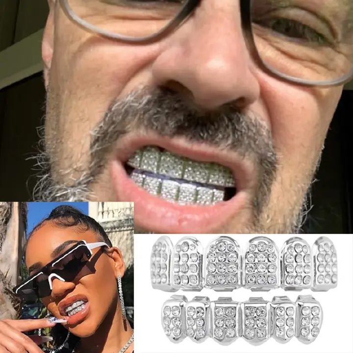 Hip-Hop Gold Braces 12 Teeth  For Men And Women Silver Diamond-Encrusted Silver Braces Silver Braces Braces Upper And Lower Braces Diamond-Encrusted Silver Braces Unisex Jewelry Couple Party