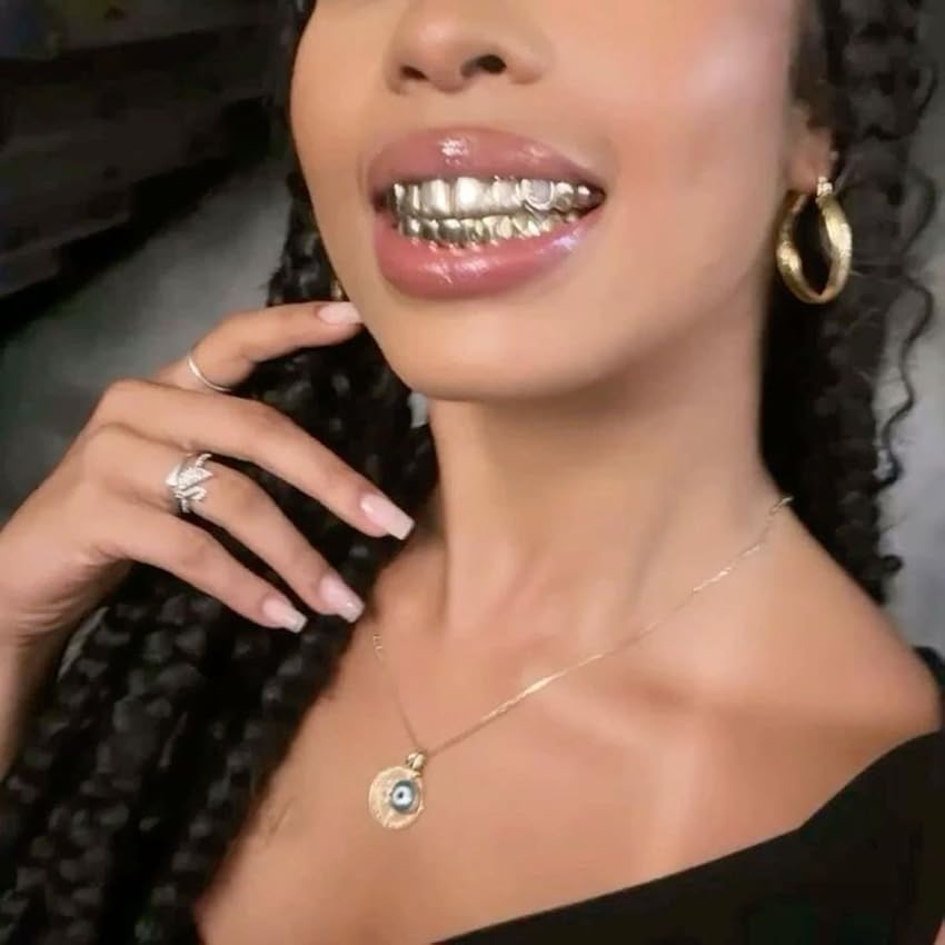 Hip Hop Unisex  Braces Teeth Grillz Caps Top Bottom Grill Set Flat Teeth Golden Dental Braces Glossy 6-tooth Gold Hip-Hop Halloween Trendy Denture Rop Gift Jewelry Couple Party Men And Women