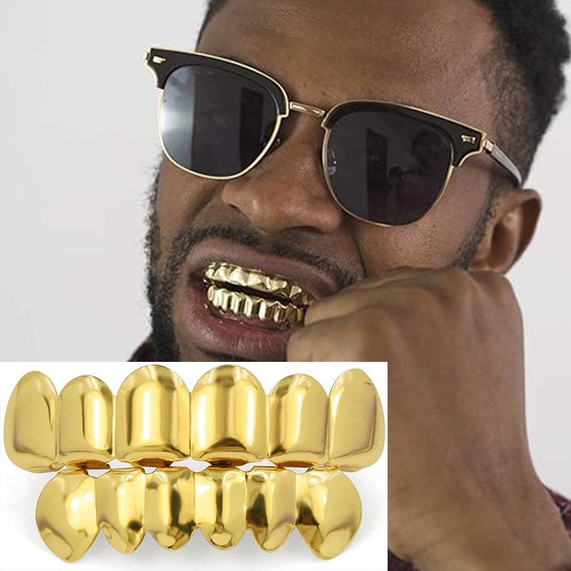 Hip Hop Unisex  Braces Teeth Grillz Caps Top Bottom Grill Set Flat Teeth Golden Dental Braces Glossy 6-tooth Gold Hip-Hop Halloween Trendy Denture Rop Gift Jewelry Couple Party Men And Women