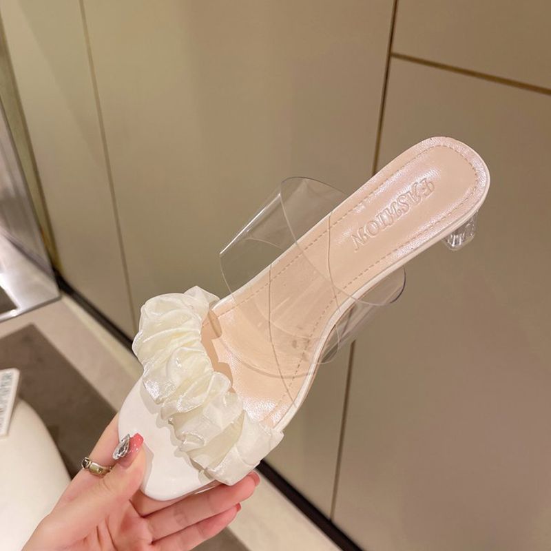 SHJO Women's Shoes Sandals Heels Sandals New Korean Style Fairy Style Transparent Thick Heel Square Toe Pleated Sandals Summer High Heel Slippers Sandals