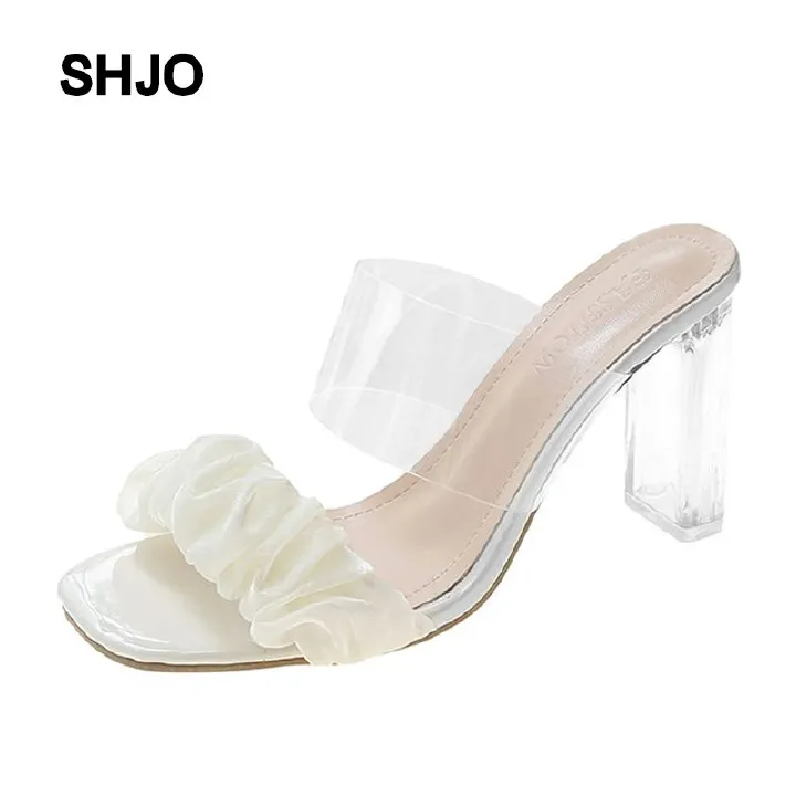 SHJO Women's Shoes Sandals Heels Sandals New Korean Style Fairy Style Transparent Thick Heel Square Toe Pleated Sandals Summer High Heel Slippers Sandals