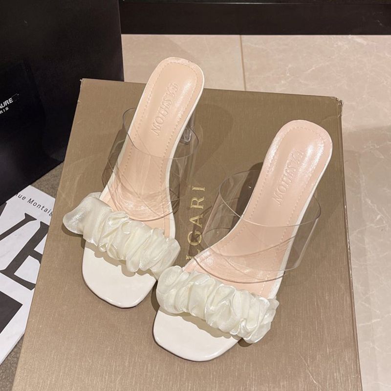 SHJO Women's Shoes Sandals Heels Sandals New Korean Style Fairy Style Transparent Thick Heel Square Toe Pleated Sandals Summer High Heel Slippers Sandals