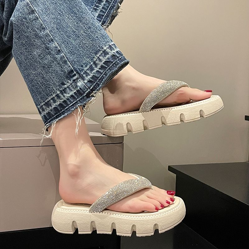 SHJO Women's Shoes Slippers Flip-Flops New Style Rhinestone Thick-Soled Flip-Flops For Outer Wear Fashionable Fairy-Style Platform Sandals With Raised Soles And Flip-Flops