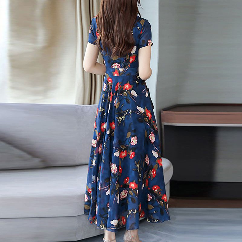 SHJO Women's Clothing Dresses New Floral Dress Slim Fit High Waist Wide Round Neck, Mid-Length A-Line Skirt Dresses