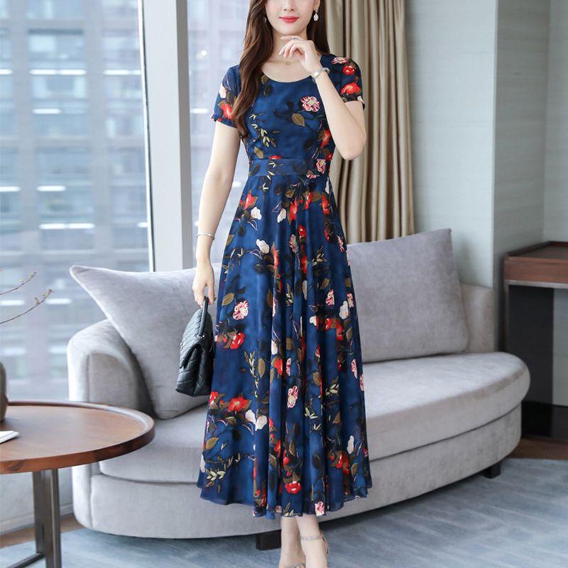 SHJO Women's Clothing Dresses New Floral Dress Slim Fit High Waist Wide Round Neck, Mid-Length A-Line Skirt Dresses