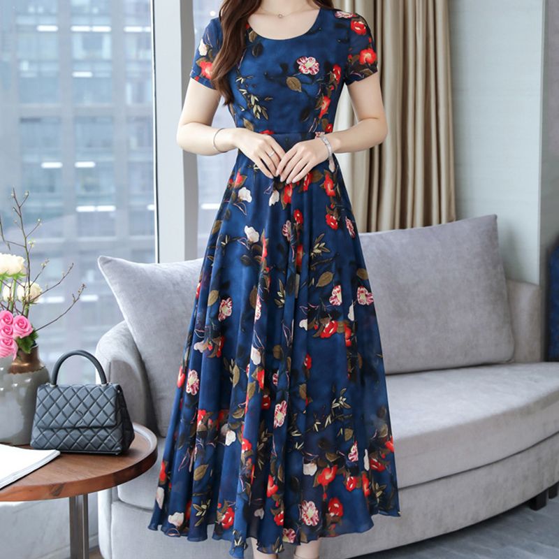 SHJO Women's Clothing Dresses New Floral Dress Slim Fit High Waist Wide Round Neck, Mid-Length A-Line Skirt Dresses