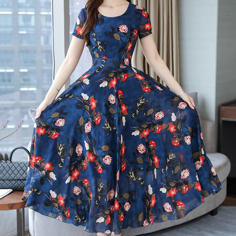 SHJO Women's Clothing Dresses New Floral Dress Slim Fit High Waist Wide Round Neck, Mid-Length A-Line Skirt Dresses