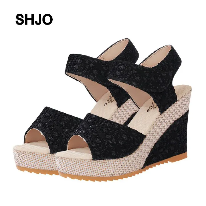 SHJO Women's Shoes Sandals Heels Sandals New Flat Wedge Heel Lace Fish Mouth Shoes Sandals Velcro Platform Platform Sandals
