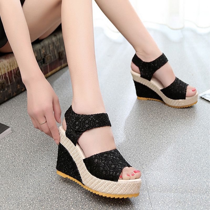 Women's Shoes Sandals Heels Sandals New Flat Wedge Heel Lace Fish Mouth Shoes Sandals Velcro Platform Platform Sandals