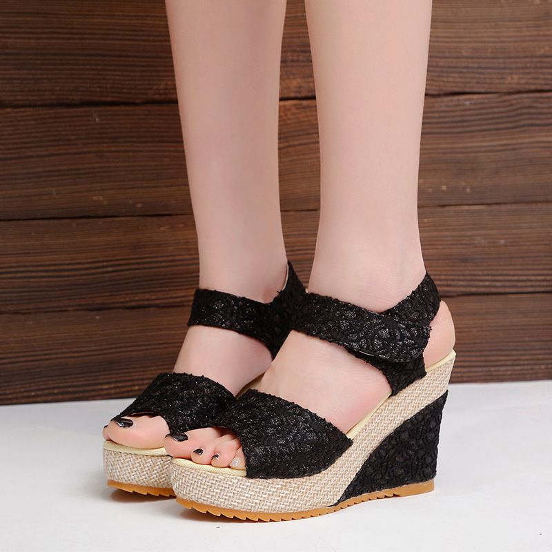 Women's Shoes Sandals Heels Sandals New Flat Wedge Heel Lace Fish Mouth Shoes Sandals Velcro Platform Platform Sandals