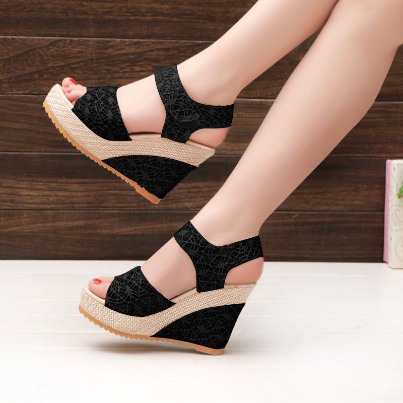 Women's Shoes Sandals Heels Sandals New Flat Wedge Heel Lace Fish Mouth Shoes Sandals Velcro Platform Platform Sandals