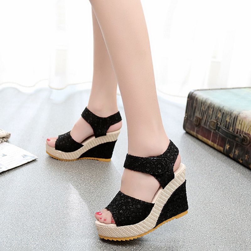 Women's Shoes Sandals Heels Sandals New Flat Wedge Heel Lace Fish Mouth Shoes Sandals Velcro Platform Platform Sandals