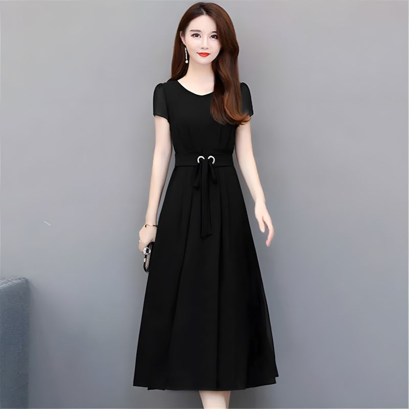 SHJO Women's Clothing Dresses Plus Size Dress Short Sleeve Mid-Length Above The Knee Midi Skirt Belted Slim Slimming A-Line Skirt Dresses