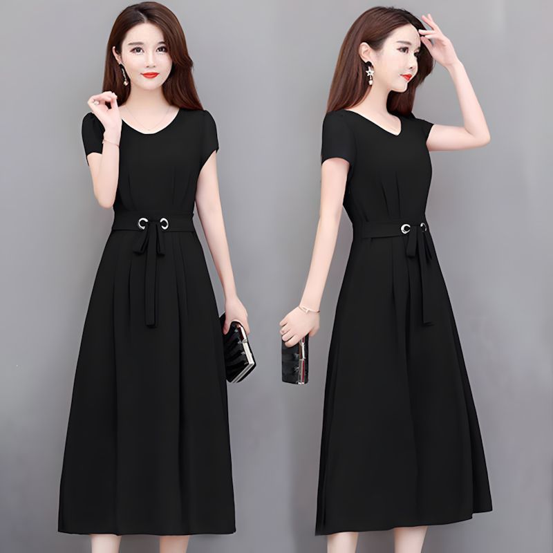 SHJO Women's Clothing Dresses Plus Size Dress Short Sleeve Mid-Length Above The Knee Midi Skirt Belted Slim Slimming A-Line Skirt Dresses