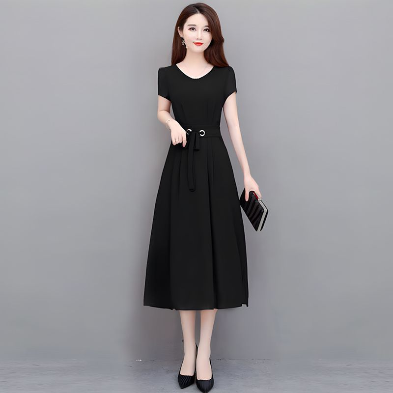 SHJO Women's Clothing Dresses Plus Size Dress Short Sleeve Mid-Length Above The Knee Midi Skirt Belted Slim Slimming A-Line Skirt Dresses