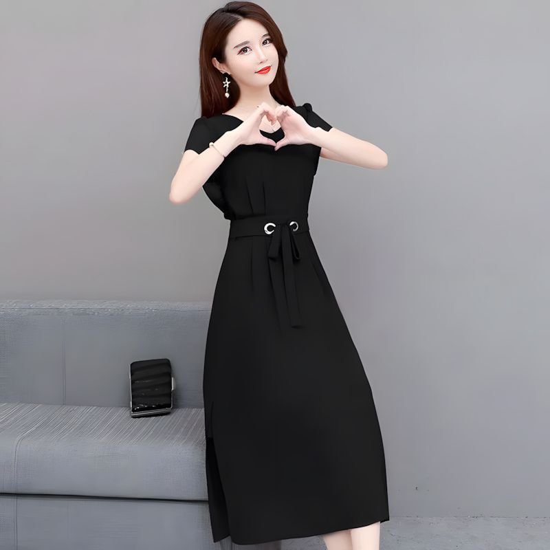 SHJO Women's Clothing Dresses Plus Size Dress Short Sleeve Mid-Length Above The Knee Midi Skirt Belted Slim Slimming A-Line Skirt Dresses