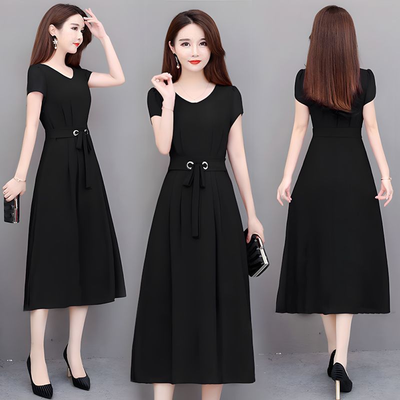 SHJO Women's Clothing Dresses Plus Size Dress Short Sleeve Mid-Length Above The Knee Midi Skirt Belted Slim Slimming A-Line Skirt Dresses