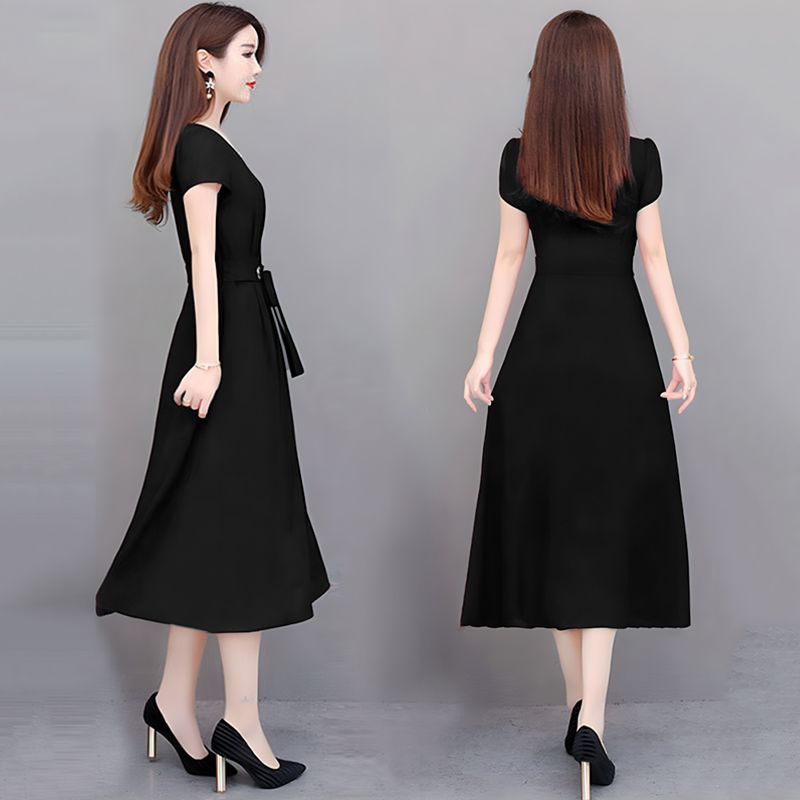 SHJO Women's Clothing Dresses Plus Size Dress Short Sleeve Mid-Length Above The Knee Midi Skirt Belted Slim Slimming A-Line Skirt Dresses