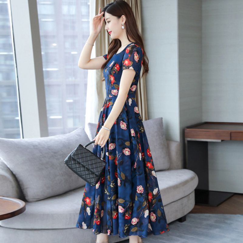 SHJO Women's Clothing Dresses New Floral Dress Slim Fit High Waist Wide Round Neck, Mid-Length A-Line Skirt Dresses