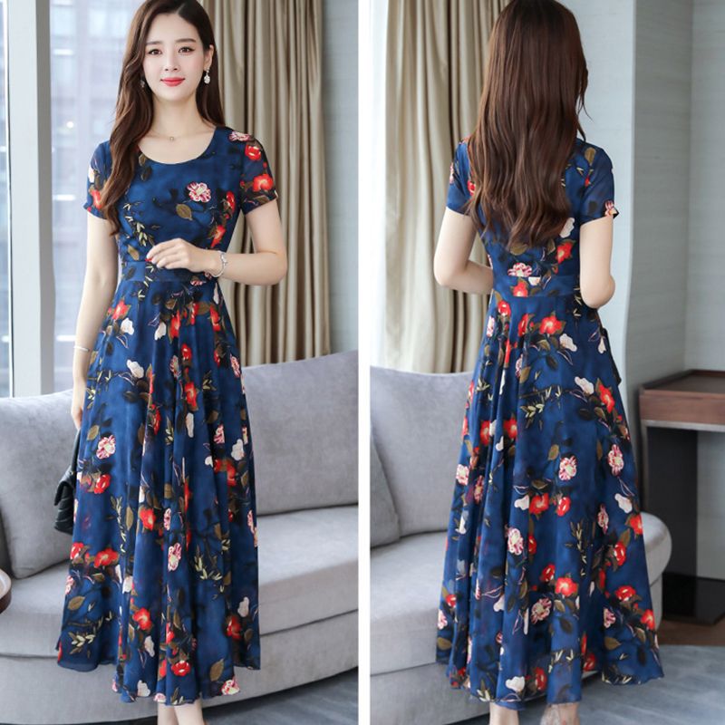 SHJO Women's Clothing Dresses New Floral Dress Slim Fit High Waist Wide Round Neck, Mid-Length A-Line Skirt Dresses
