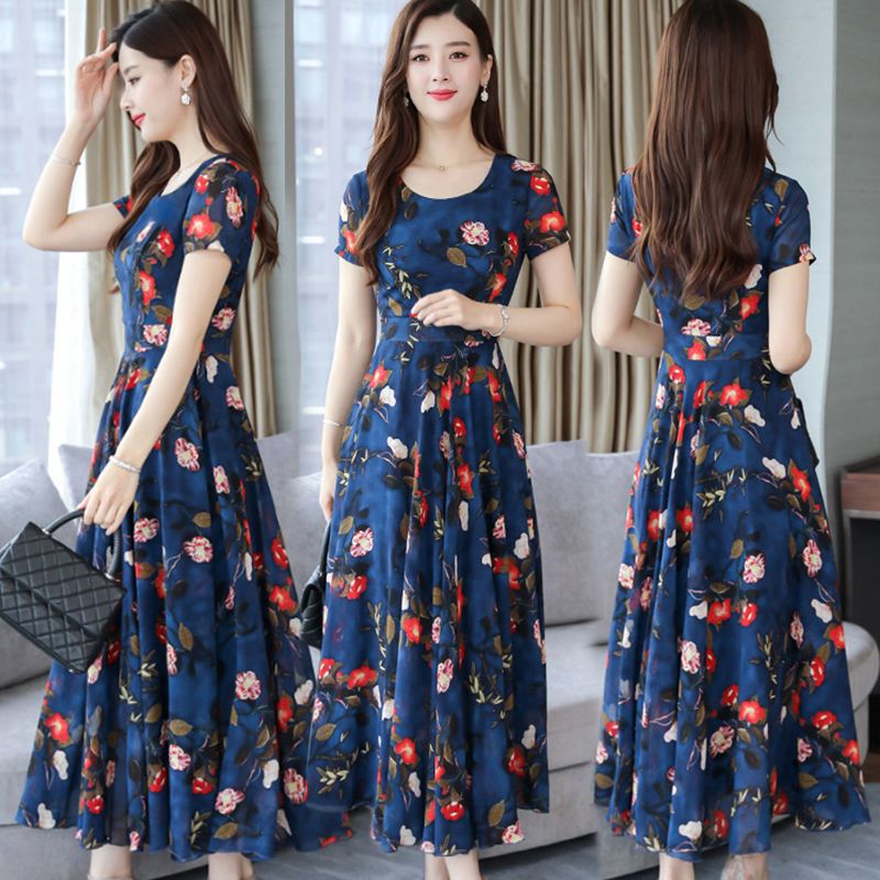 SHJO Women's Clothing Dresses New Floral Dress Slim Fit High Waist Wide Round Neck, Mid-Length A-Line Skirt Dresses
