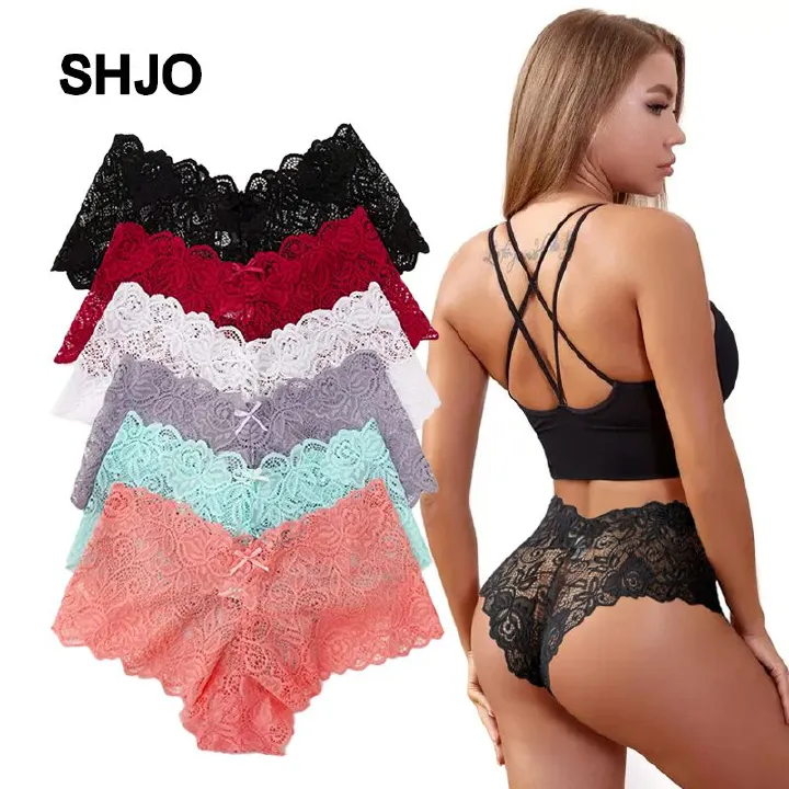 SHJO Ladies Underwear 6 Pack Floral Lace Thong New Style Breathable Comfort Sexy Ladies Floral Ladies Underwear Lace Panties See-through Underwear V Waist