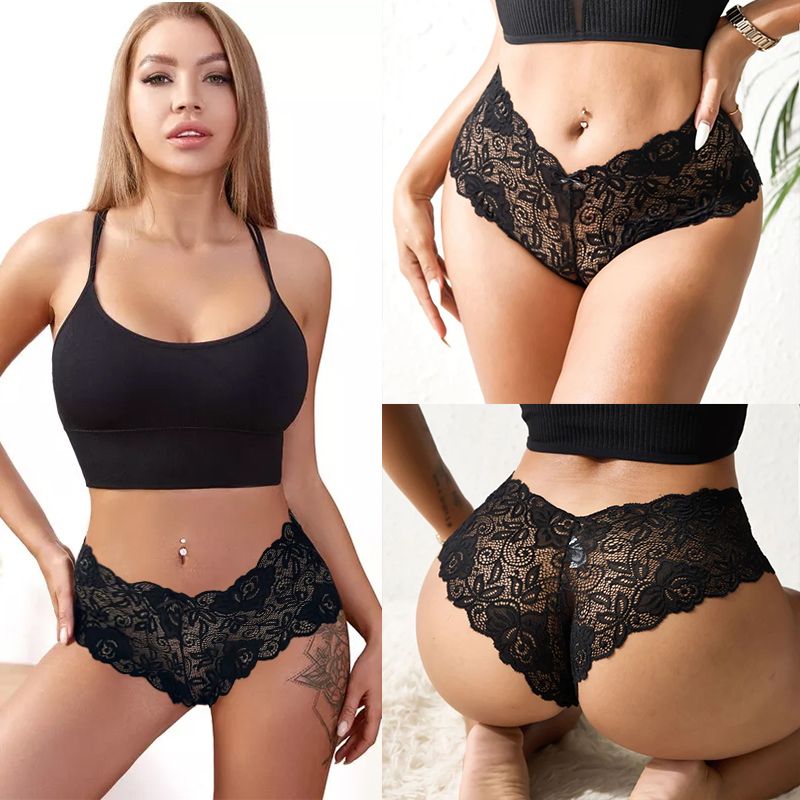 SHJO Ladies Underwear 6 Pack Floral Lace Thong New Style Breathable Comfort Sexy Ladies Floral Ladies Underwear Lace Panties See-through Underwear V Waist