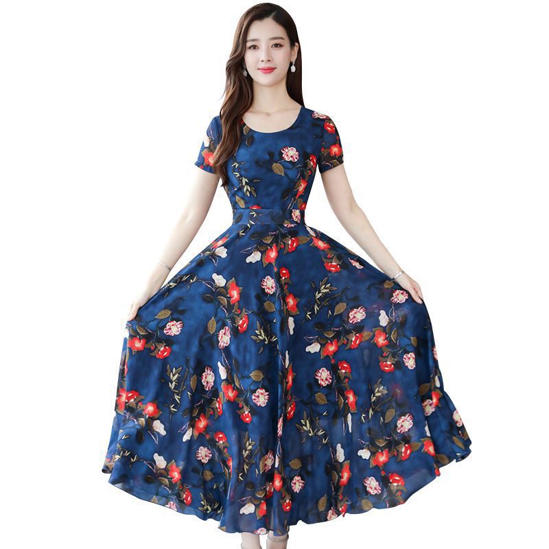 SHJO Women's Clothing Dresses New Floral Dress Slim Fit High Waist Wide Round Neck, Mid-Length A-Line Skirt Dresses