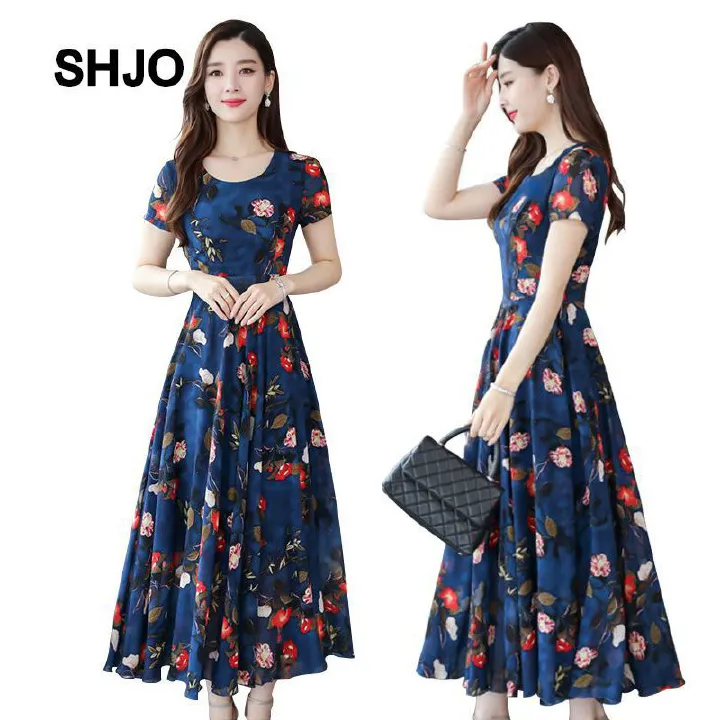 SHJO Women's Clothing Dresses New Floral Dress Slim Fit High Waist Wide Round Neck, Mid-Length A-Line Skirt Dresses