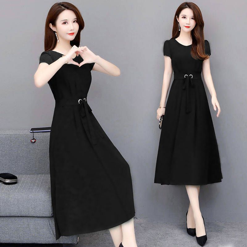 SHJO Women's Clothing Dresses Plus Size Dress Short Sleeve Mid-Length Above The Knee Midi Skirt Belted Slim Slimming A-Line Skirt Dresses
