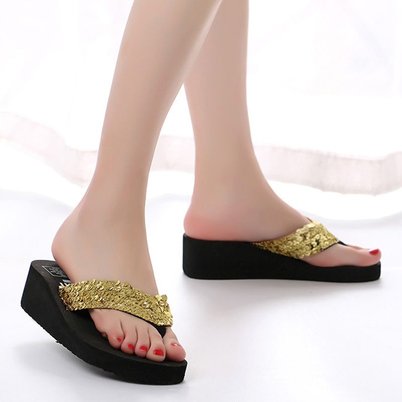 Beach Shoes Sandals Women's Slippers Wedge Heel Sequin Flip-Flops Breathable And Comfortable