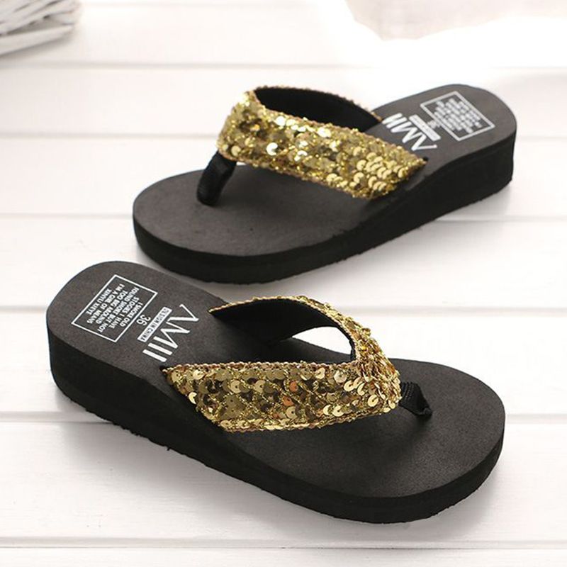 Beach Shoes Sandals Women's Slippers Wedge Heel Sequin Flip-Flops Breathable And Comfortable