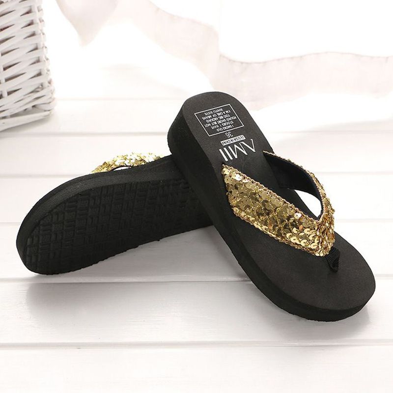 Beach Shoes Sandals Women's Slippers Wedge Heel Sequin Flip-Flops Breathable And Comfortable