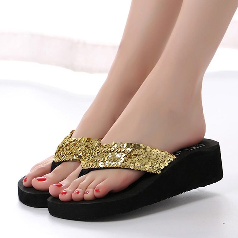 Beach Shoes Sandals Women's Slippers Wedge Heel Sequin Flip-Flops Breathable And Comfortable