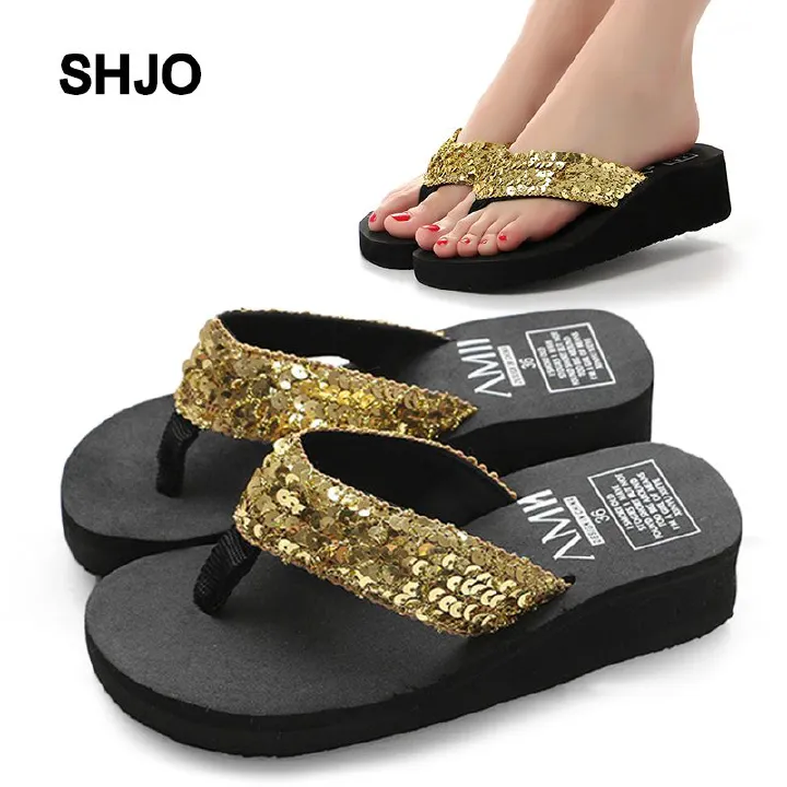Beach Shoes Sandals Women's Slippers Wedge Heel Sequin Flip-Flops Breathable And Comfortable