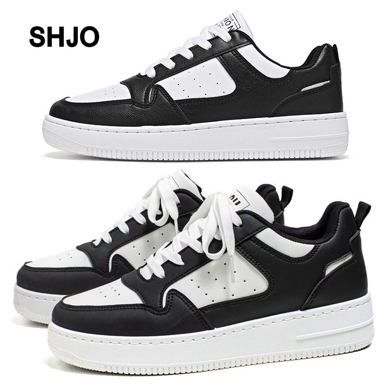 SHJO Women's Fashion Sneaker Shoes – Black & White Contrast Upper, Breathable Perforated Toe Box, Non-Slip Traction Outsole, Ideal For Urban Outings & All-Day Comfort, All Sizes Available