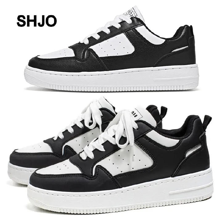 SHJO Women's Fashion Sneaker Shoes – Black & White Contrast Upper, Breathable Perforated Toe Box, Non-Slip Traction Outsole, Ideal For Urban Outings & All-Day Comfort, All Sizes Available