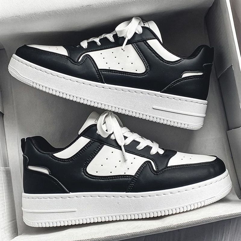 SHJO Women's Fashion Sneaker Shoes – Black & White Contrast Upper, Breathable Perforated Toe Box, Non-Slip Traction Outsole, Ideal For Urban Outings & All-Day Comfort, All Sizes Available