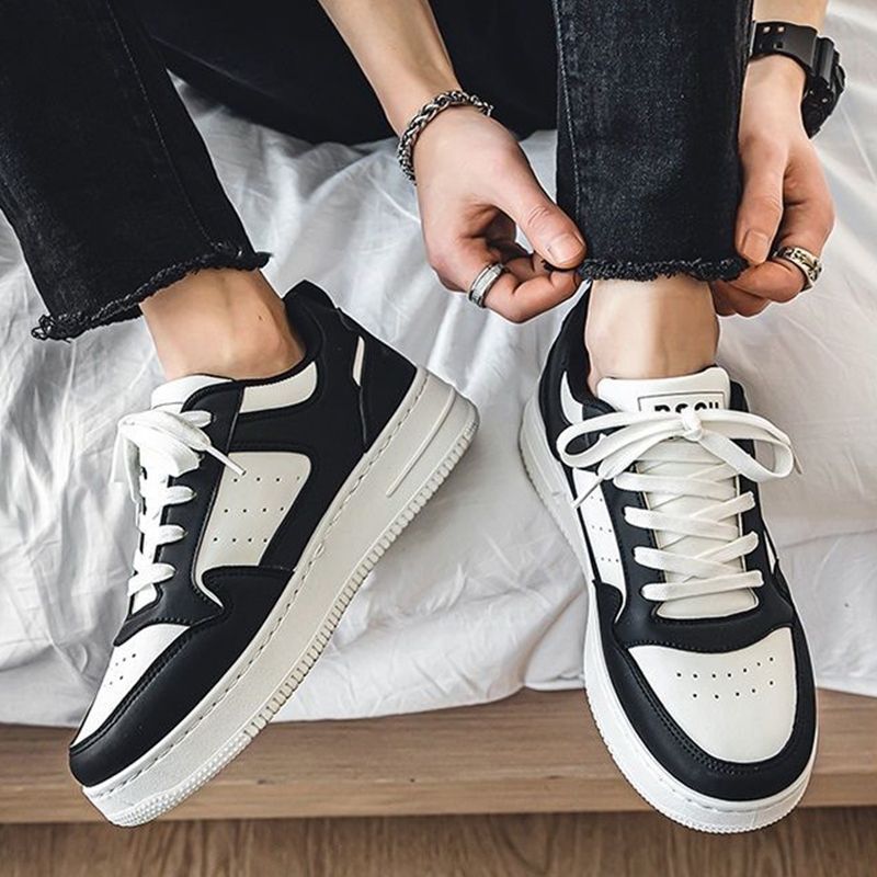 SHJO Women's Fashion Sneaker Shoes – Black & White Contrast Upper, Breathable Perforated Toe Box, Non-Slip Traction Outsole, Ideal For Urban Outings & All-Day Comfort, All Sizes Available