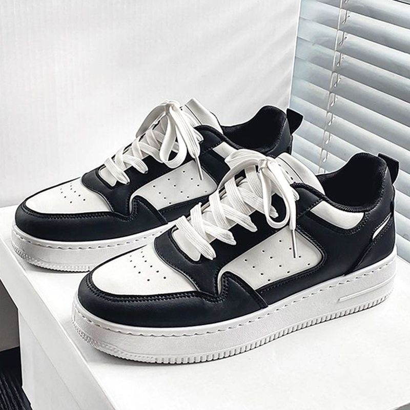 SHJO Women's Fashion Sneaker Shoes – Black & White Contrast Upper, Breathable Perforated Toe Box, Non-Slip Traction Outsole, Ideal For Urban Outings & All-Day Comfort, All Sizes Available