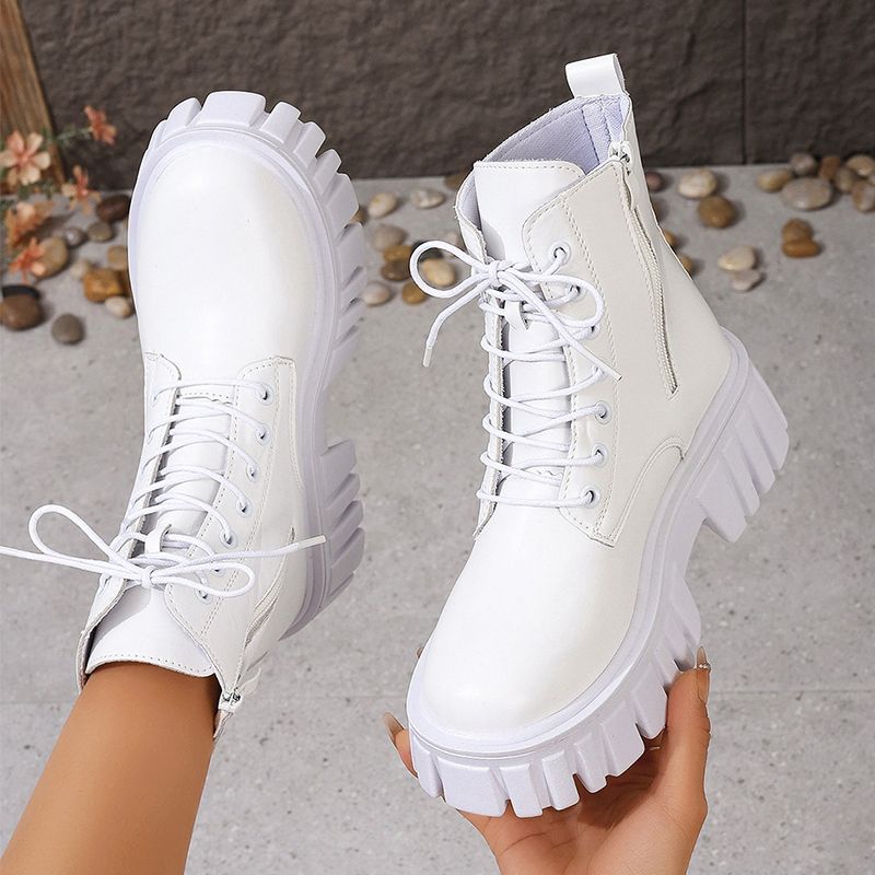 Thick-Soled Lace-Up Martin Boots New Korean Style Leather Boots Comfortable Soft-Soled Mid-Calf Boots For Women