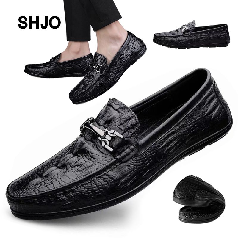 New Fashion Men's Leather Shoes Toe Shoes Shallow Mouth Breathable Versatile Flat Heel Lazy British Soft Sole Casual Crocodile Pattern