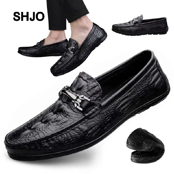 New Fashion Men's Leather Shoes Toe Shoes Shallow Mouth Breathable Versatile Flat Heel Lazy British Soft Sole Casual Crocodile Pattern