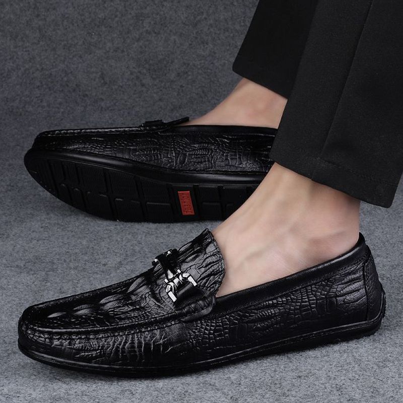 New Fashion Men's Leather Shoes Toe Shoes Shallow Mouth Breathable Versatile Flat Heel Lazy British Soft Sole Casual Crocodile Pattern